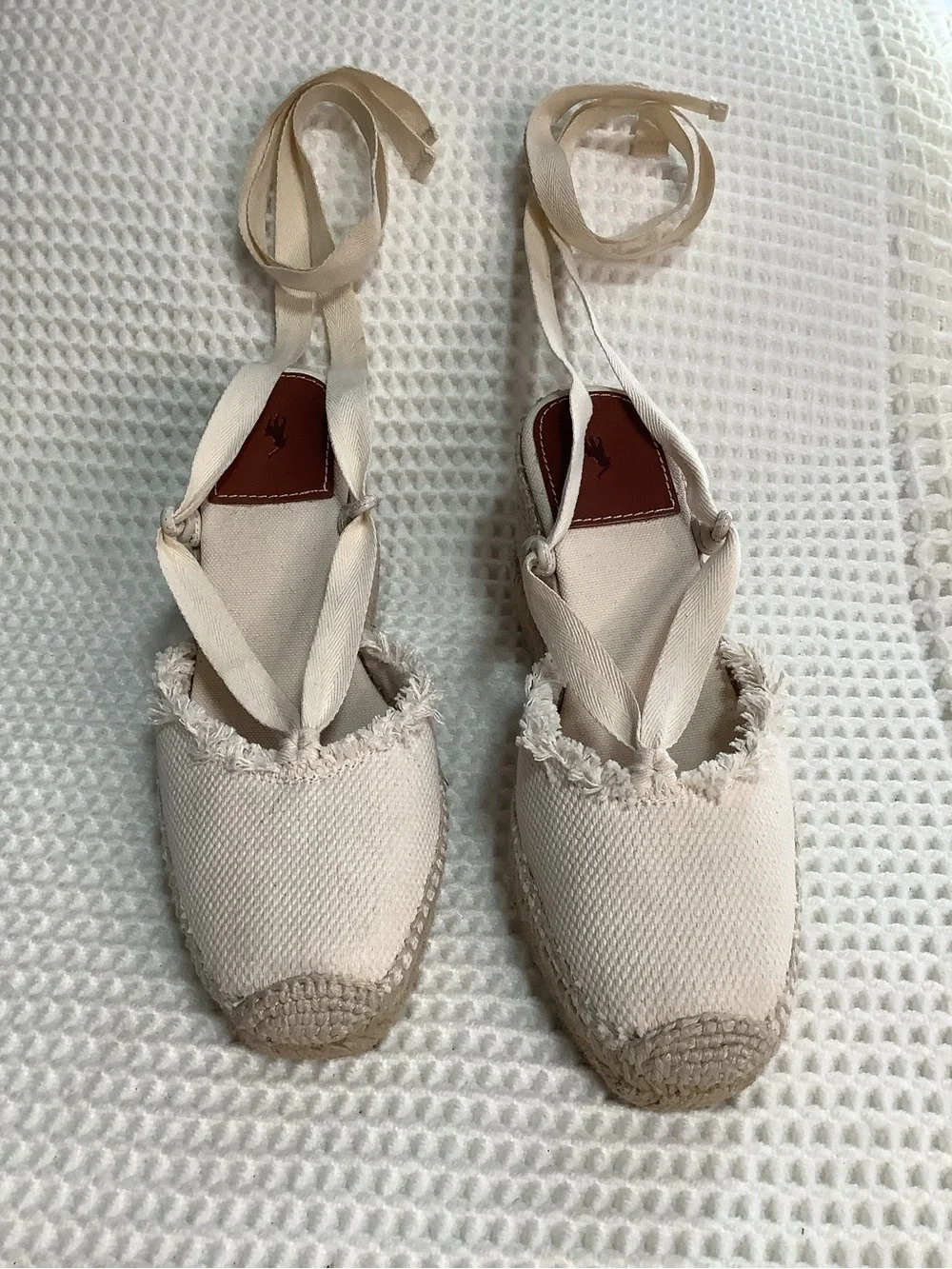 Polo Ralph Lauren Canvas Lace Up Espadrille Wedge Sandals Womens Size 7B Ivory